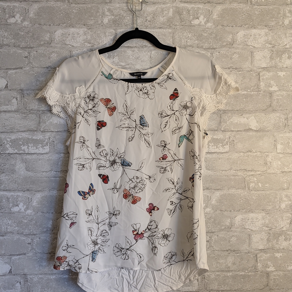 RW&CO. Cream Floral and Butterfly Print Blouse
